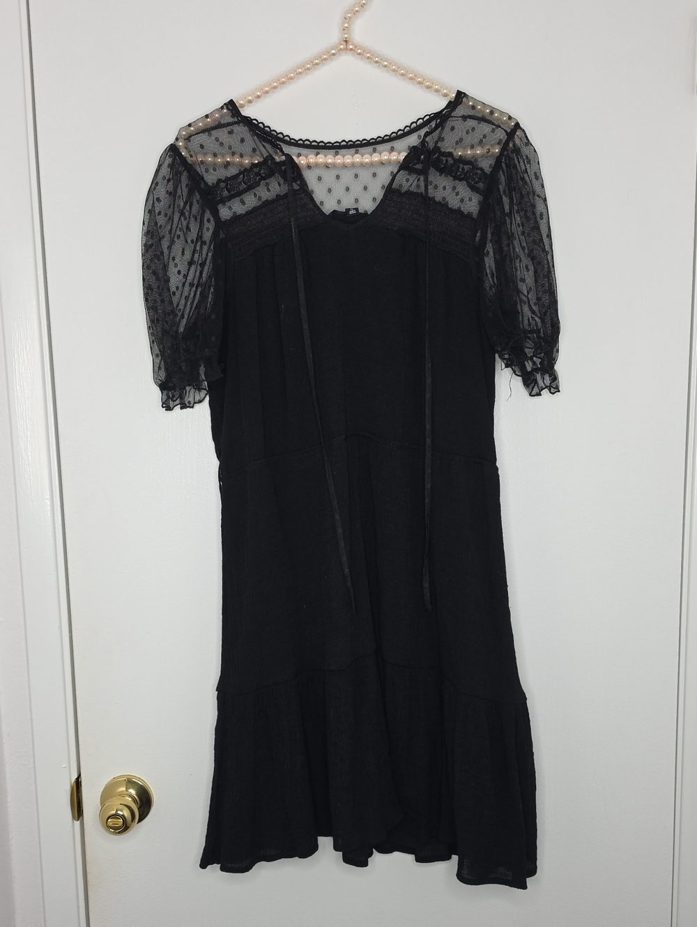 Sweet Wanderer Black Polka-Dot Mesh Yoke Mini Dress Size Xl